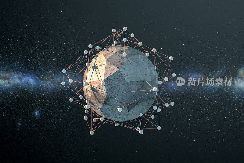 Global digital mesh network with low poly rock，区块链Concept
